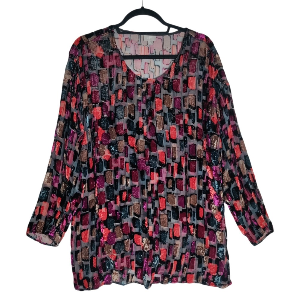 J. Jill Velvet Burnout Colorblock Top Blouse Size Large Silk Blend